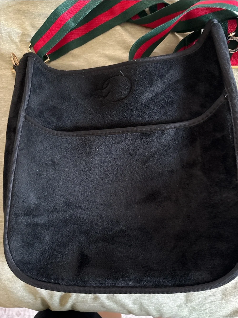 Black Women's Shoulder Bag with Green & Red Stripe Strap